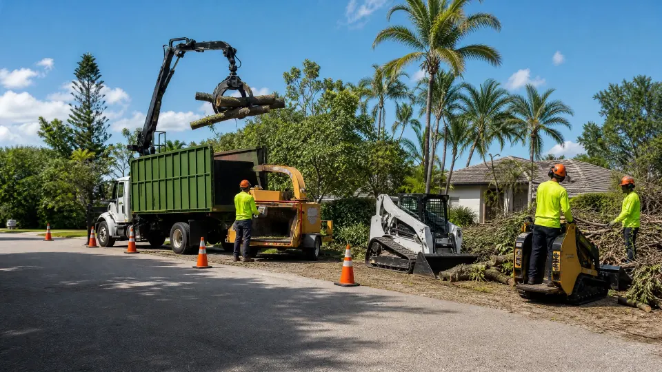 Representative tree-service grapple truck, chipper, Bobcat-style loader, and mini skid equipment at a controlled cleanup site